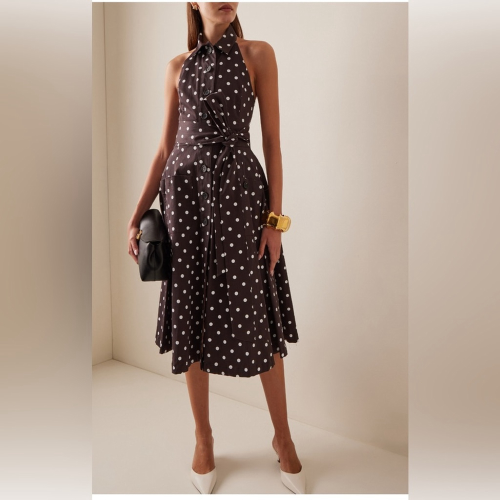 COAST PURE SILK HALTERNECK POLKA DOT FLARED DRESS UK 10 small WARM BROWN